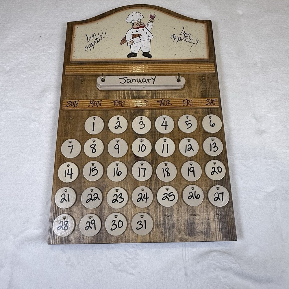 Handmade Wooden Perpetual Wall Calendar Chef Bon Appetit Rustic Kitchen Decor